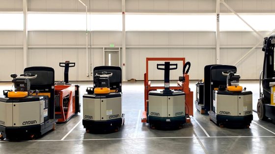 A row of crown forklifts