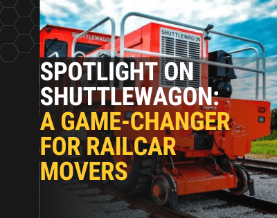 Shuttlewagon railcar mover on tracks, revolutionizing material handling for railcars. A game-changing solution for efficient rail yard operations, available at Thompson Lift Truck.