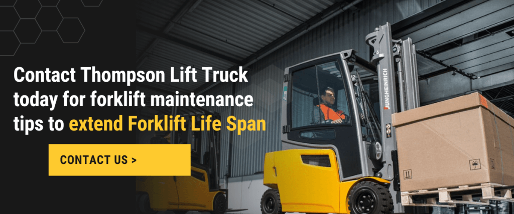 Jungheinrich electric forklift transporting a pallet - Forklift maintenance tips by Thompson Lift Truck