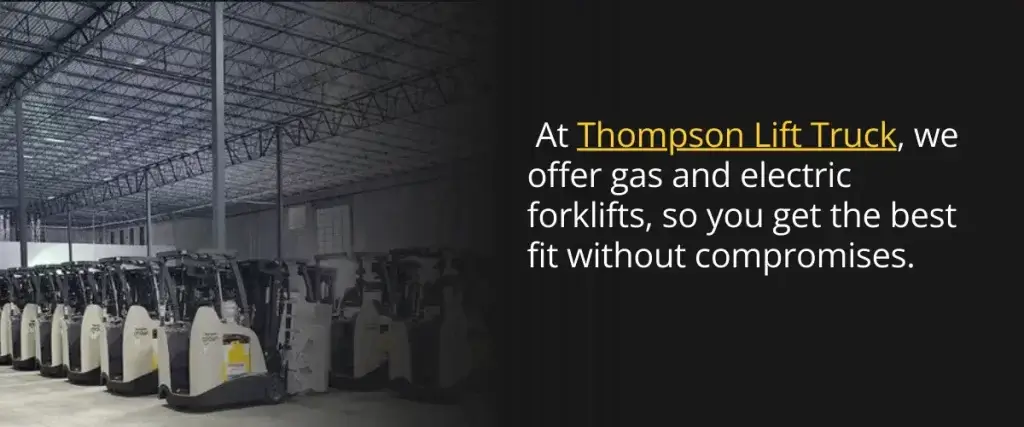 Fleet of forklifts in warehouse—Thompson Lift Truck provides gas and electric forklift options tailored to your business needs in 2025 | Thompson Lift Truck