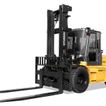 A large yellow Hyundai 50D-9 diesel forklift with a black protective cabin, rugged tires, and extended lifting forks. The forklift has a transparent background, showing its detailed construction, including the Hyundai branding on the side and mast.