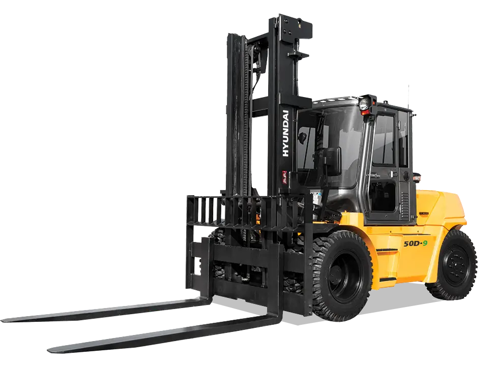 A large yellow Hyundai 50D-9 diesel forklift with a black protective cabin, rugged tires, and extended lifting forks. The forklift has a transparent background, showing its detailed construction, including the Hyundai branding on the side and mast.