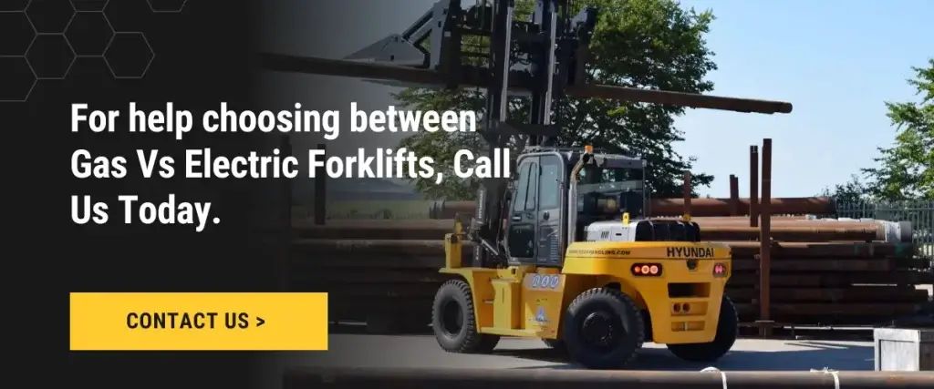 Hyundai forklift handling heavy materials outdoors—get expert help choosing between gas and electric forklifts | Thompson Lift Truck