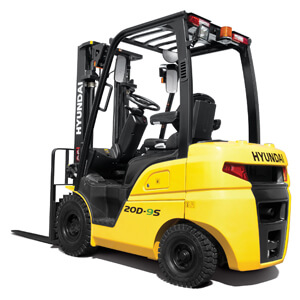 Alt text: "A yellow Hyundai 20D-9S forklift with black accents, rugged tires, and an open operator's seat. The forklift has a protective overhead guard, rear lights, and lifting forks positioned at the front. The brand name 'Hyundai' is displayed on the side and back.