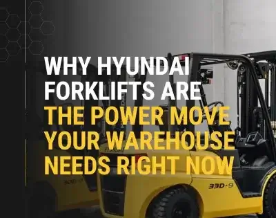 Hyundai forklift with Thompson Lift Truck blog title overlay promoting warehouse performance on mobile banner