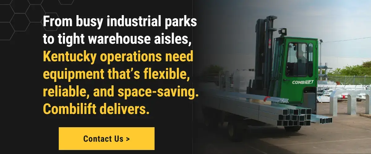 Combilift equipment in Kentucky transporting long metal pipes outdoors, with text overlay highlighting space-saving solutions from Thompson Lift Truck.