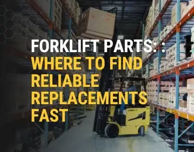 Yellow forklift lifting parts in a warehouse with shelves of forklift parts with Thompson Lift Truck.