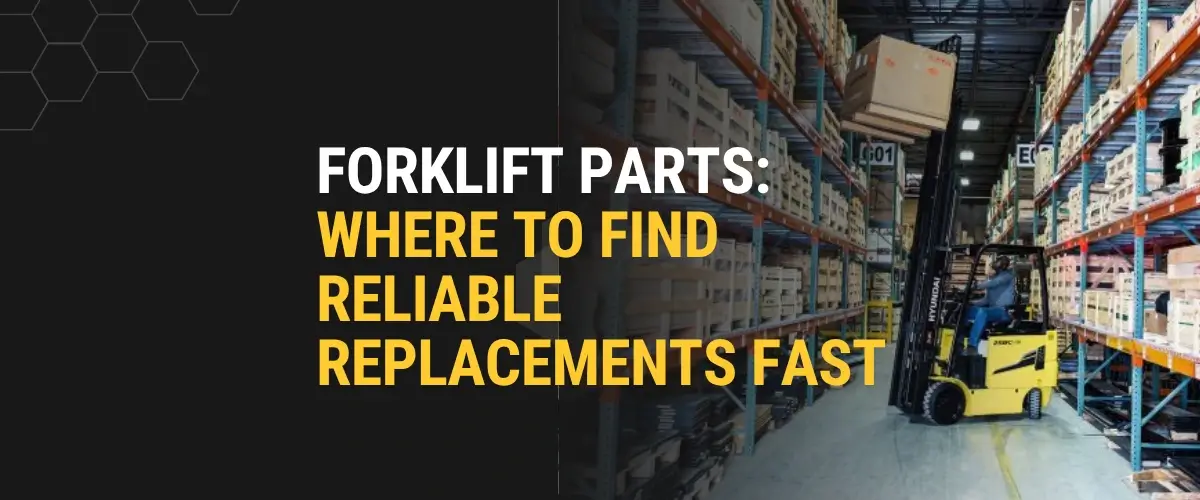 Forklift parts warehouse with shelves stocked and a yellow forklift in use, Thompson Lift Truck.