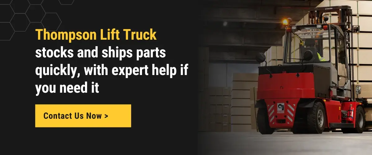  Thompson Lift Truck stocks and ships forklift parts quickly with expert help, featuring a red Kalmar forklift in a warehouse.