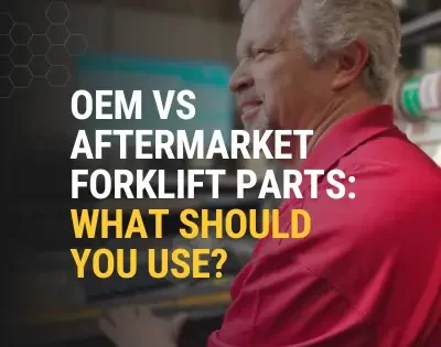 Mobile header for OEM vs aftermarket forklift parts at Thompson Lift Truck, technician at parts counter.