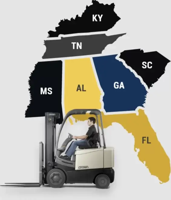 Forklift dealer Thompson Lift Truck coverage map with Crown forklift, highlighting Alabama, Florida, Georgia, Mississippi, and more