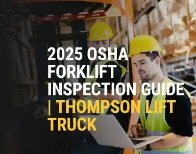 Worker reviewing forklift safety checklist on laptop for 2025 OSHA Forklift inspection
