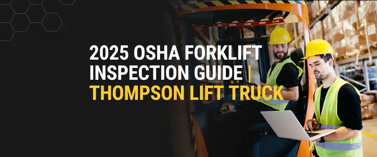 Two warehouse workers performing 2025 OSHA Forklift inspection with laptop near forklift