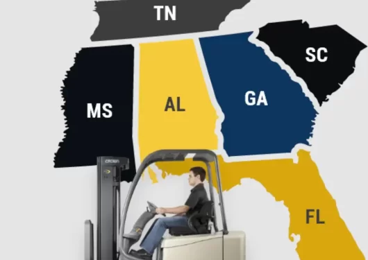 A map highlighting Georgia and surrounding states, with a Crown forklift representing a trusted local dealer