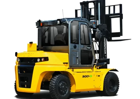 A yellow Hyundai 50D-9 heavy-duty forklift available for businesses in Georgia, shown on a white background