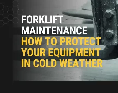 Forklift maintenance graphic showing a close-up of a forklift mast in cold, icy conditions