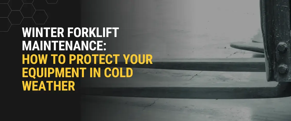 Close-up of forklift forks in cold conditions, highlighting winter forklift maintenance and equipment protection