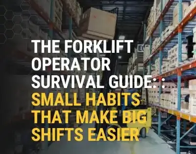 Warehouse aisle with storage racks and text highlighting forklift operator tips and best practices from Thompson Lift Truck