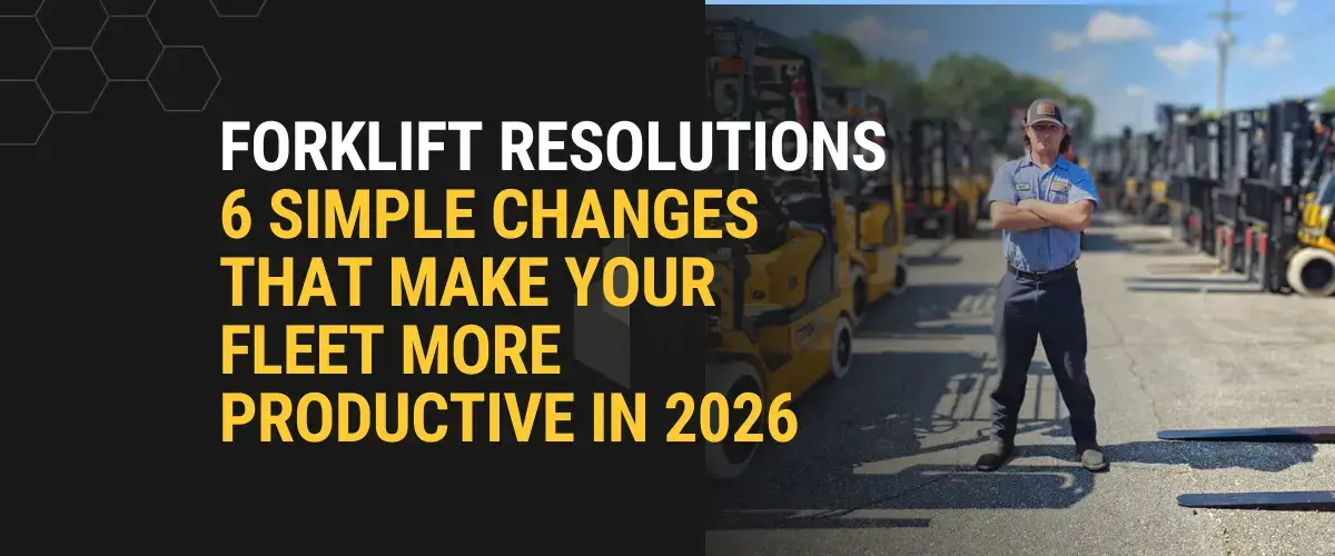 Thompson Lift Truck shares 6 forklift productivity tips, showing a technician before a lineup of forklifts for 2026 fleet