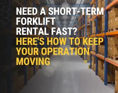 Warehouse aisle with shelving highlighting short-term forklift rental fast from Thompson Lift Truck.
