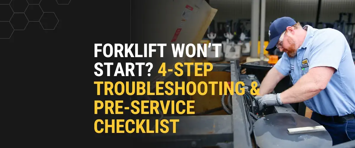 Thompson Lift Truck forklift troubleshooting and pre-service checklist banner featuring a technician in a blue uniform inspecting a forklift engine compartment.