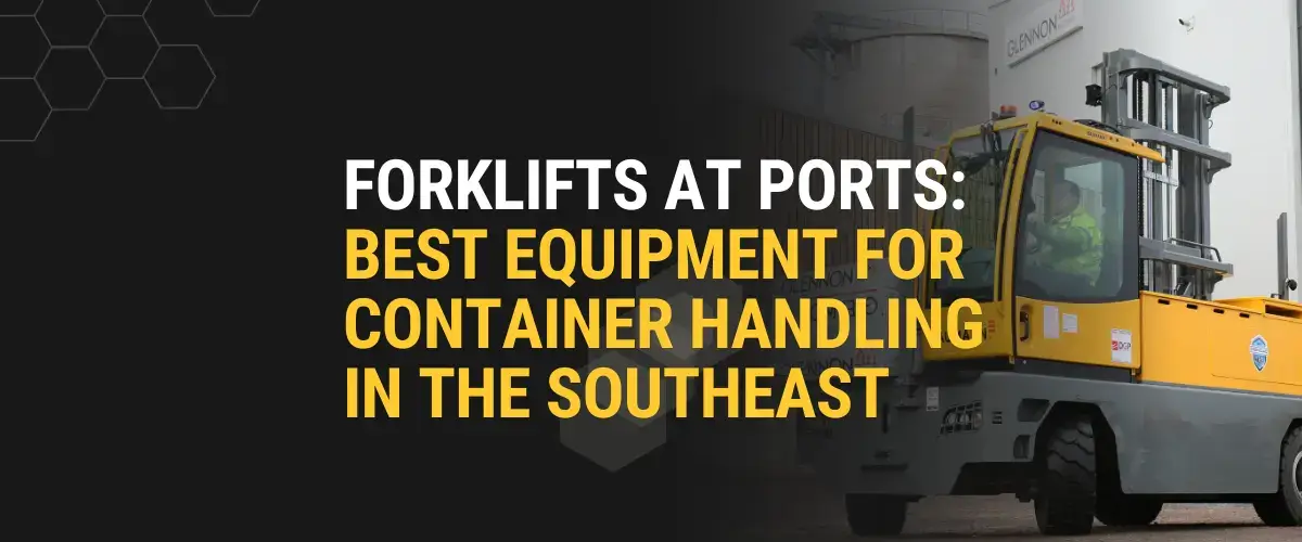 Thompson Lift Truck forklift port container handling equipment banner featuring a yellow Baumann sideloader and an operator in a high-visibility jacket.