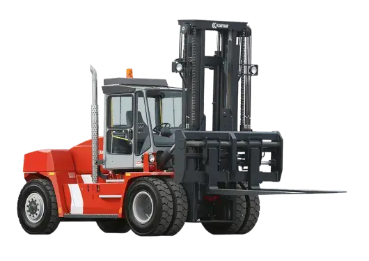 A powerful red Kalmar heavy-duty forklift from Thompson Lift Truck designed for high-capacity lifting, representing the durability and strength needed in modern construction forklifts.