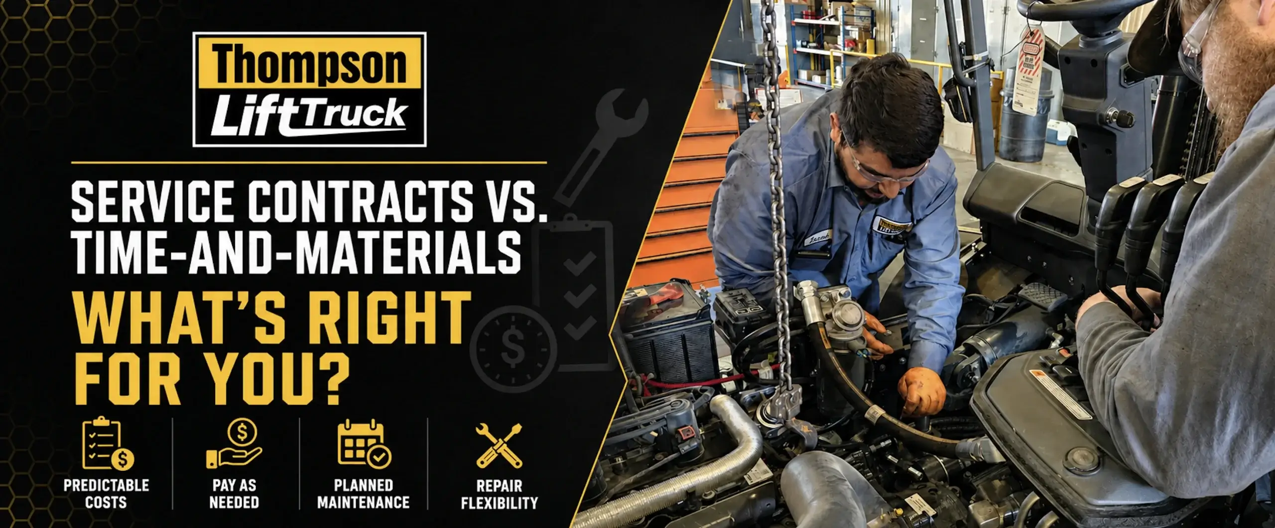 Thompson Lift Truck technician comparing forklift service contracts vs time-and-materials repair