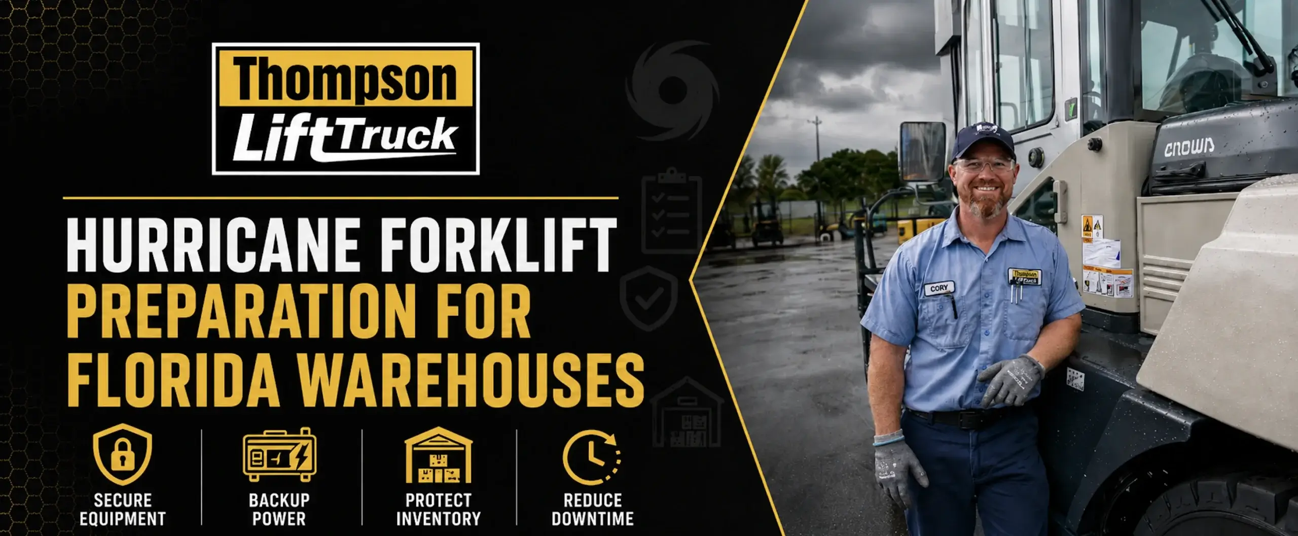 Hurricane forklift preparation for Florida warehouses from Thompson Lift Truck, with a Thompson Lift Truck technician beside a Crown forklift under storm clouds