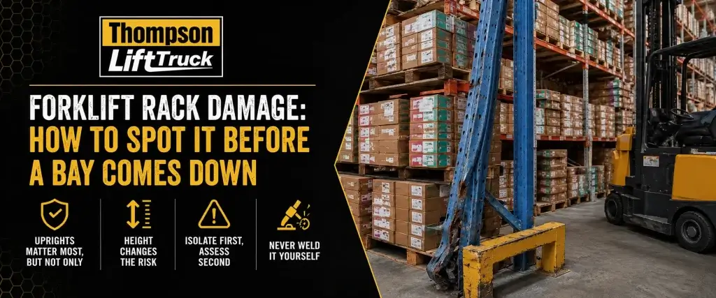 "Forklift rack damage warning graphic from Thompson Lift Truck showing a bent, damaged blue pallet rack upright in a warehouse aisle, with a forklift nearby and tips on spotting rack damage before a bay collapses.