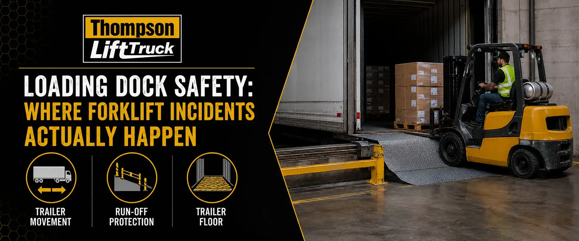 Loading dock safety forklift graphic from Thompson Lift Truck showing an empty trailer backed up to a warehouse dock plate with a yellow dock bumper, highlighting where forklift incidents actually happen.